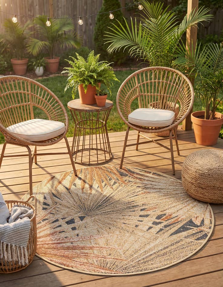 Detail image of 3' x 3'  Washable Botanical Indoor / Outdoor Round Rug
