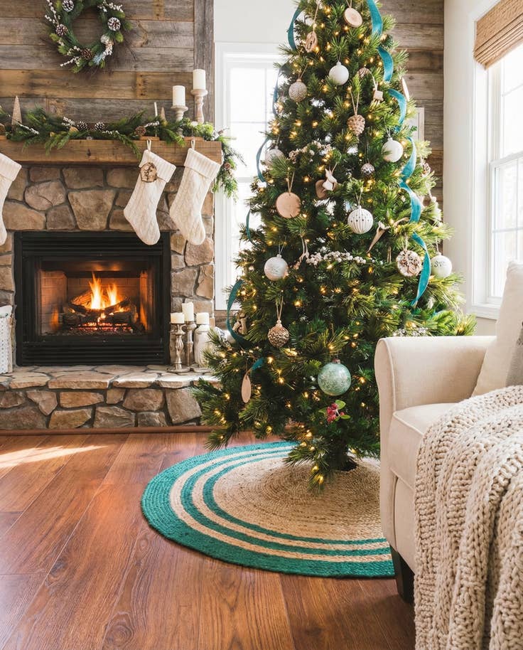 Detail image of 5' 1 x 5' 1 Hand Braided Christmas Tree Skirt
