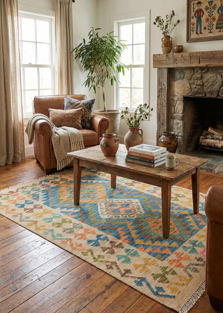 3' 5 x 4' 11 Hand Woven Kilim Maymana Wool Rug