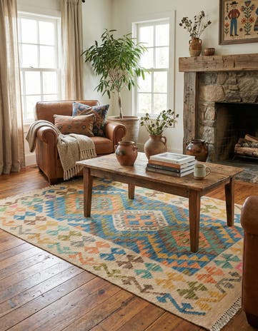 3' 5 x 4' 11 Hand Woven Kilim Maymana Wool Rug