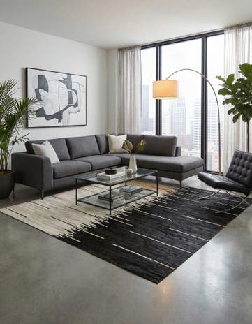 Black White Cowhide Leather Square Rug