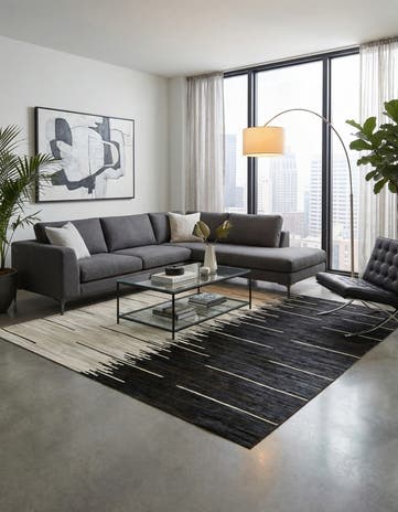 Black White Cowhide Leather Square Rug