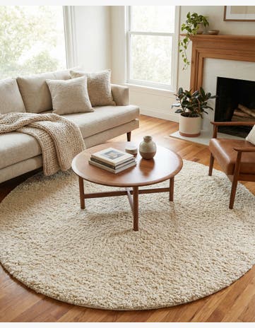 Moroccan Ivory Hand Woven Haka Deluxe Shag Round Rug