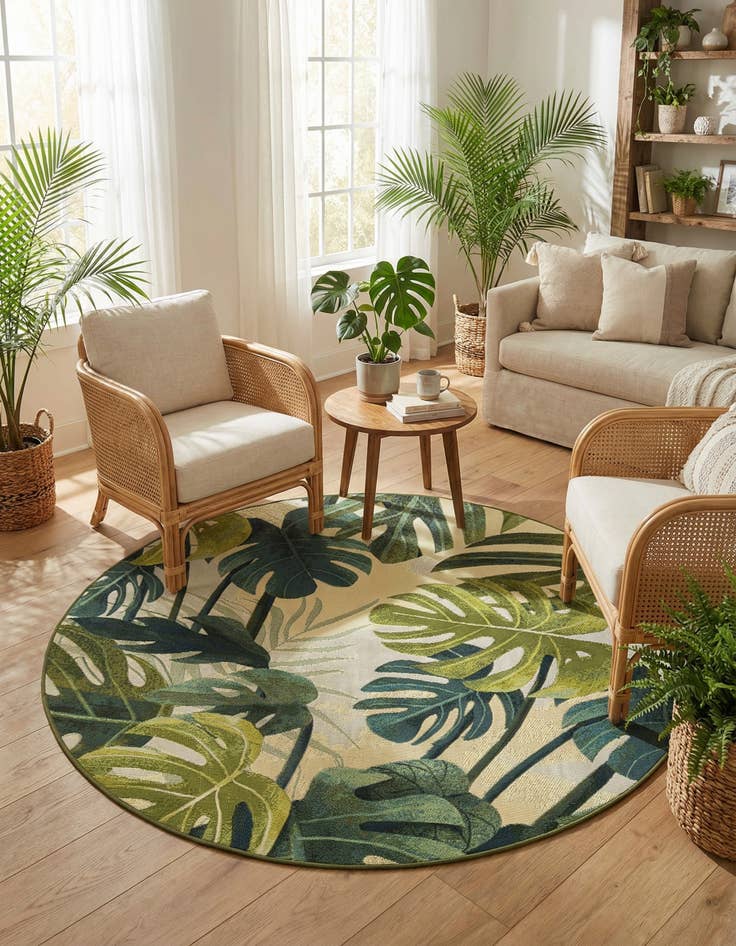 Detail image of 5' x 5'  Washable Botanical Indoor / Outdoor Round Rug