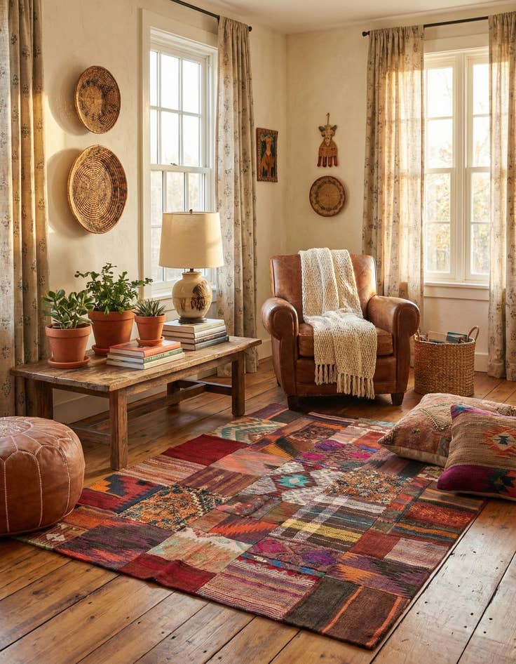 Detail image of  4' x 5' 10  Hand Woven Kilim Patchwork Wool Rug