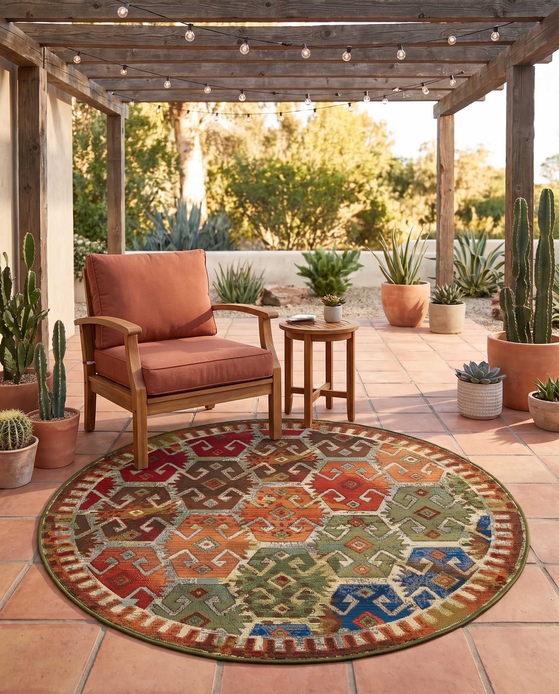4' x 4' Easy-Clean Southwestern Indoor / Outdoor Round Rug