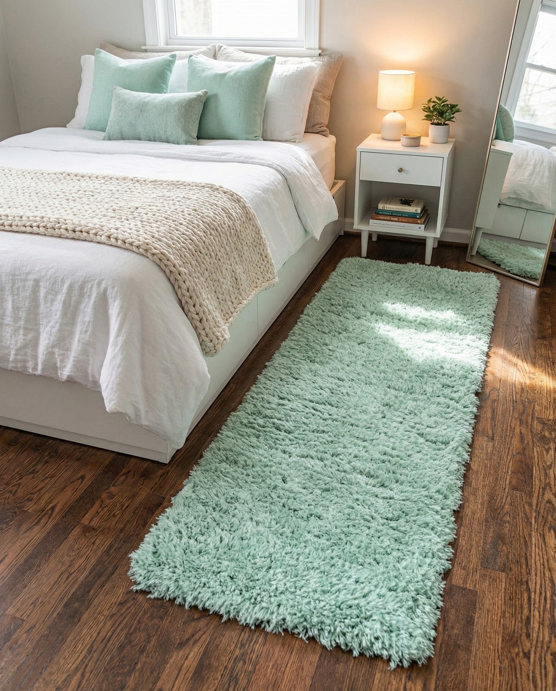 A 13 ft runner rug in a solid cyan color with a plush shag texture, perfect for a hallway.