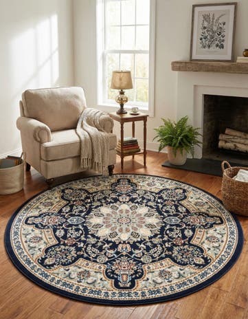 Navy Blue Nain Design Round Rug