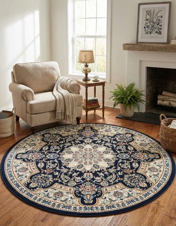 Navy Blue Nain Design Round Rug