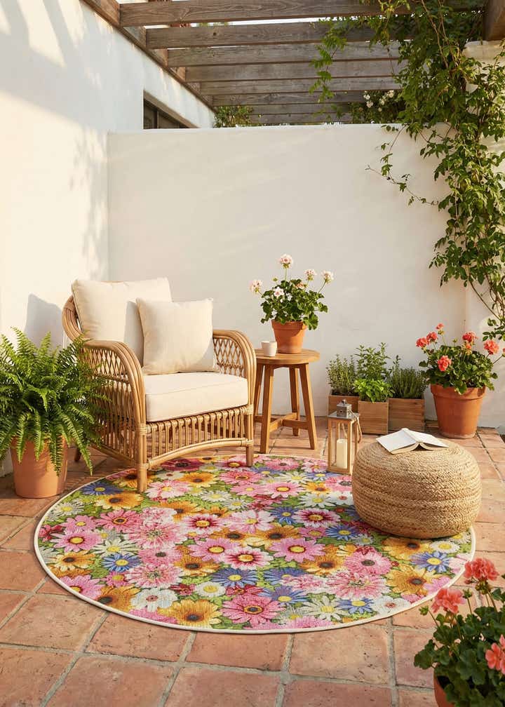 4' x 4' Easy-Clean Botanical Indoor / Outdoor Round Rug