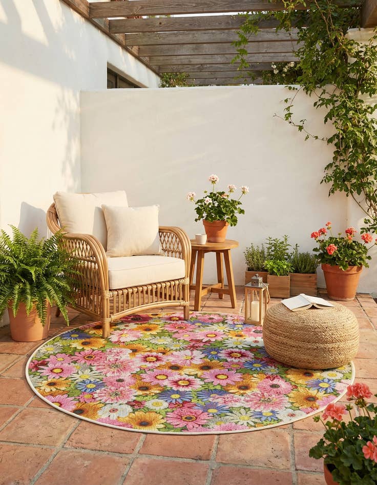 Detail image of 4' x 4'  Washable Botanical Indoor / Outdoor Round Rug