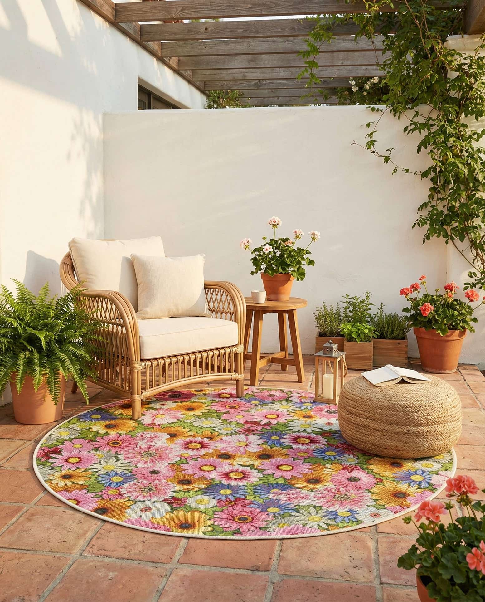 4' x 4' Easy-Clean Botanical Indoor / Outdoor Round Rug