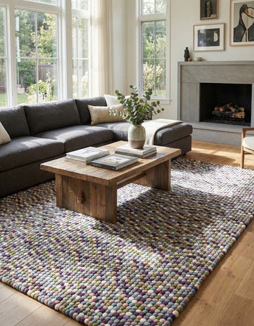 9' x 12' Hand Woven Felt Ball Wool Rug
