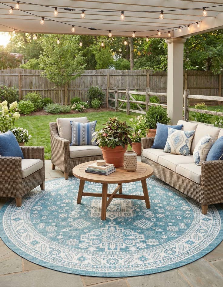 Detail image of 10' x 10'  Washable Aztec Indoor / Outdoor Round Rug