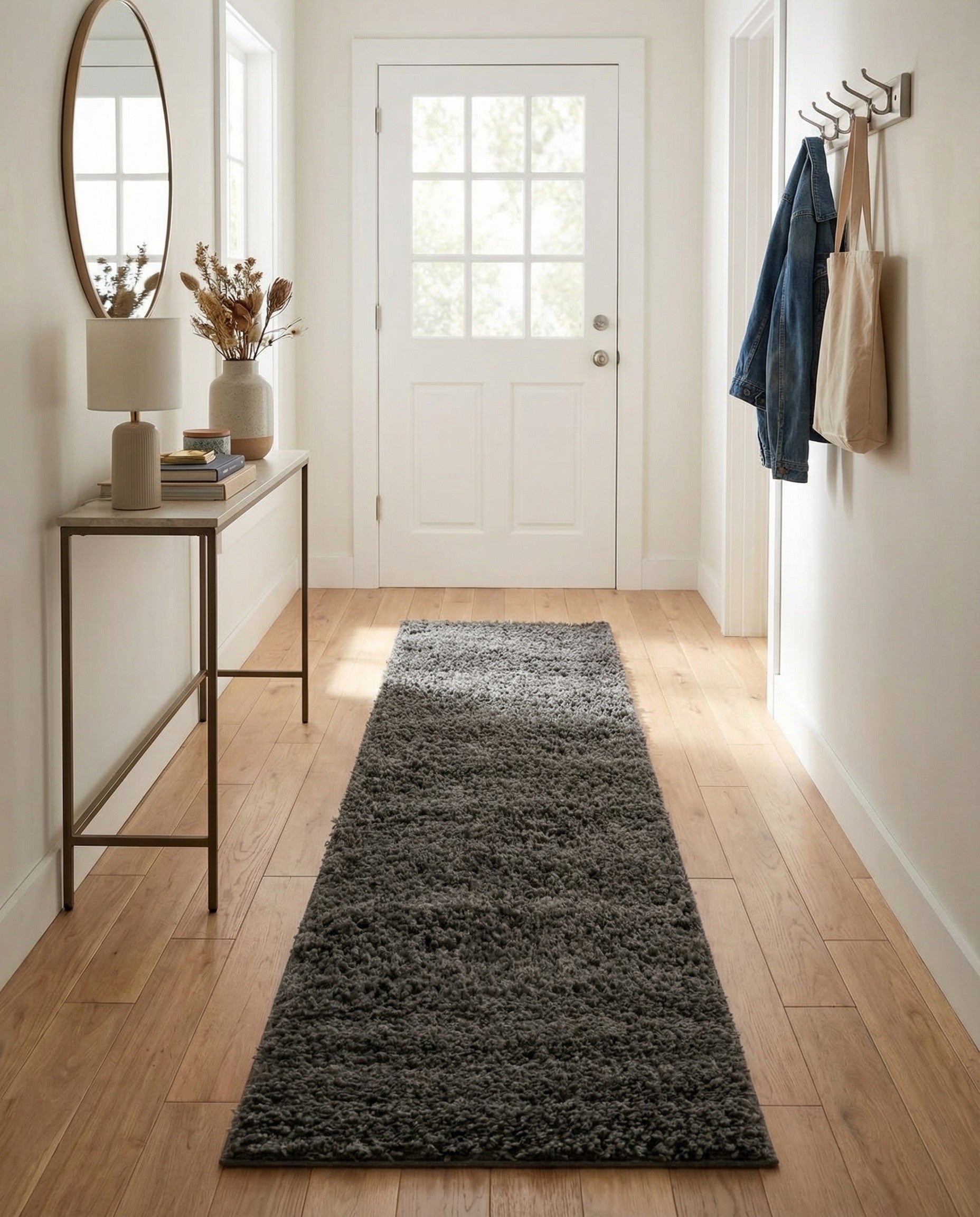 A long, rectangular 6 ft gray shag runner rug with a textured, plush pile, perfect for a hallway.