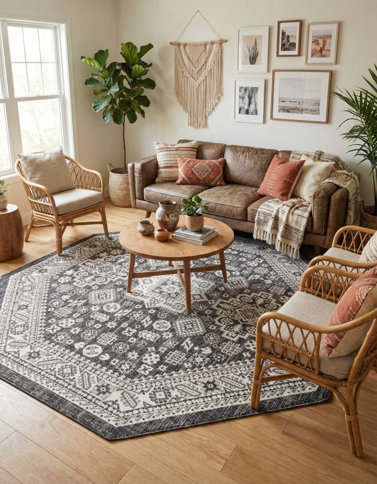 Detail image of 7' 10 x 7' 10 Easy-Clean Aztec Indoor / Outdoor Octagon Rug