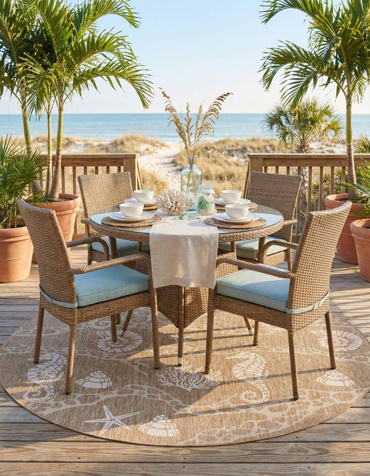 Detail image of 10' x 10'  Washable Coastal Indoor / Outdoor Round Rug