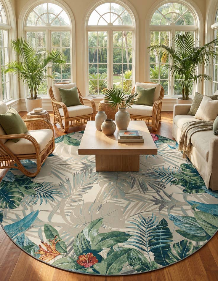 Detail image of 12' x 12' Easy-Clean Botanical Indoor / Outdoor Round Rug