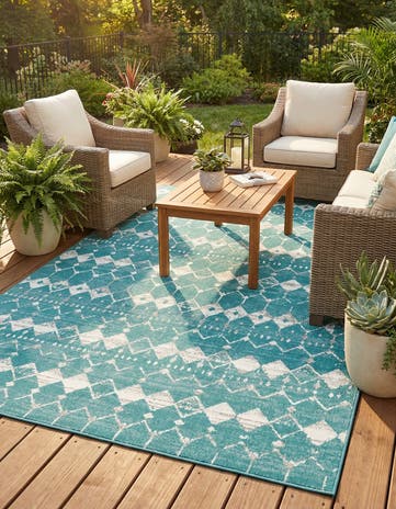 Teal Easy-Clean Lattice Indoor / Outdoor Rug