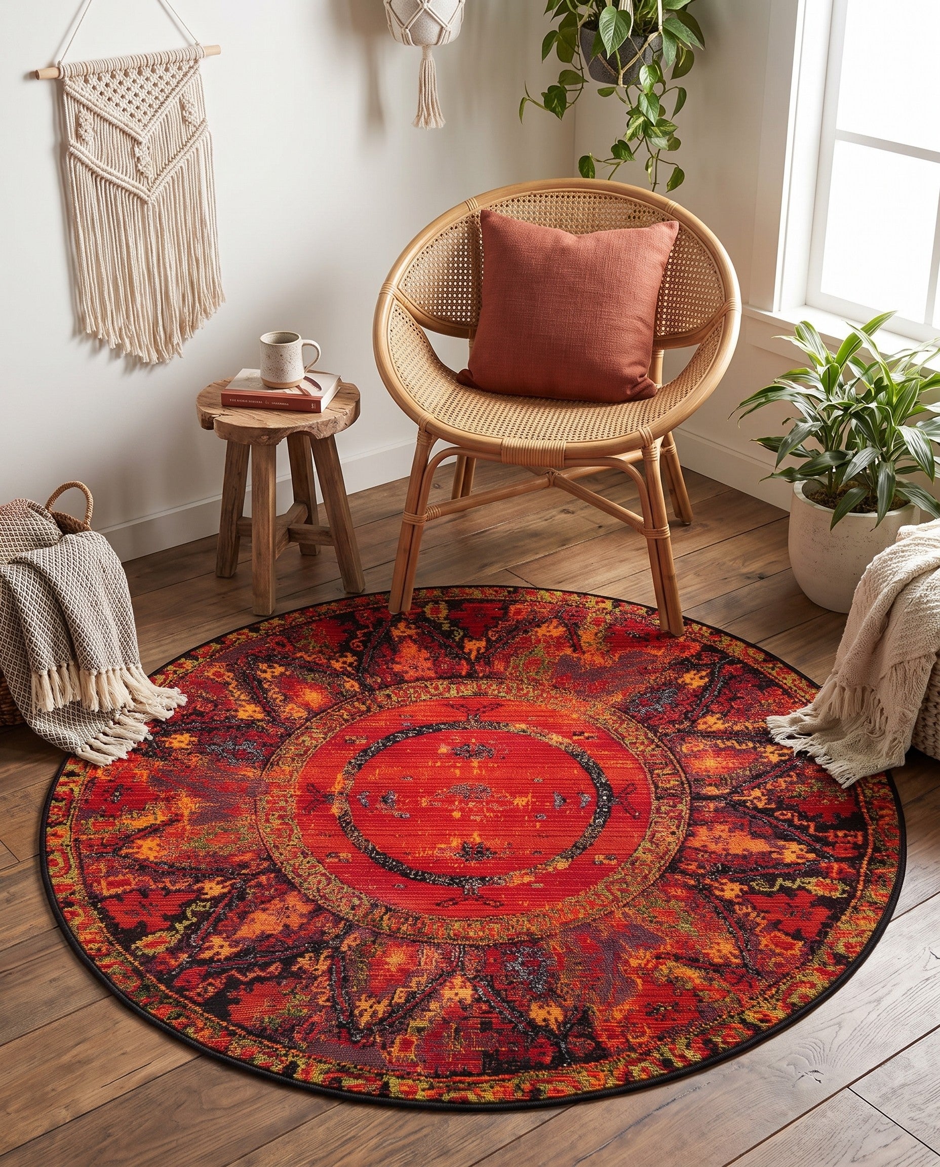 4' x 4' Easy-Clean Tribal Indoor / Outdoor Round Rug