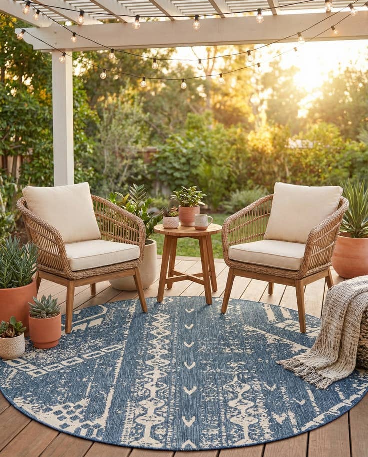 Detail image of 7' 10 x 7' 10 Easy-Clean Bohemian Indoor / Outdoor Round Rug