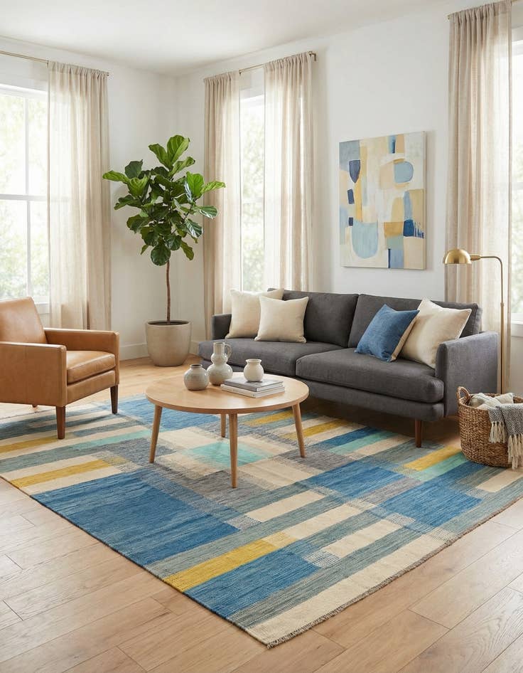 Detail image of 4' 9 x 8'  Hand Woven Kilim Modern Wool Rug