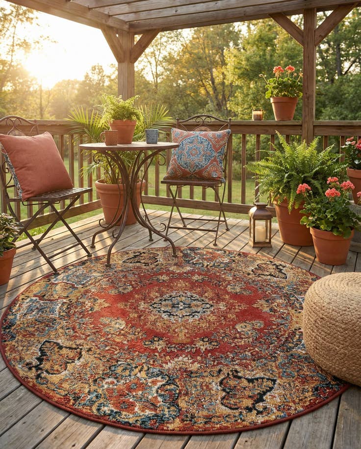 Detail image of 4' x 4' Easy-Clean Traditional Indoor / Outdoor Round Rug