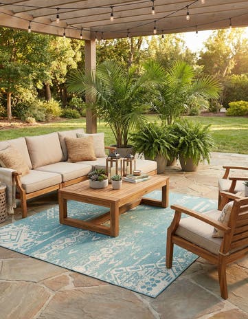 Light Aqua Easy-Clean Bohemian Indoor / Outdoor Square Rug
