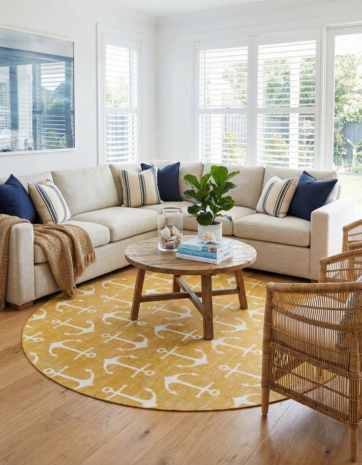 Detail image of 10' x 10'  Washable Coastal Indoor / Outdoor Round Rug