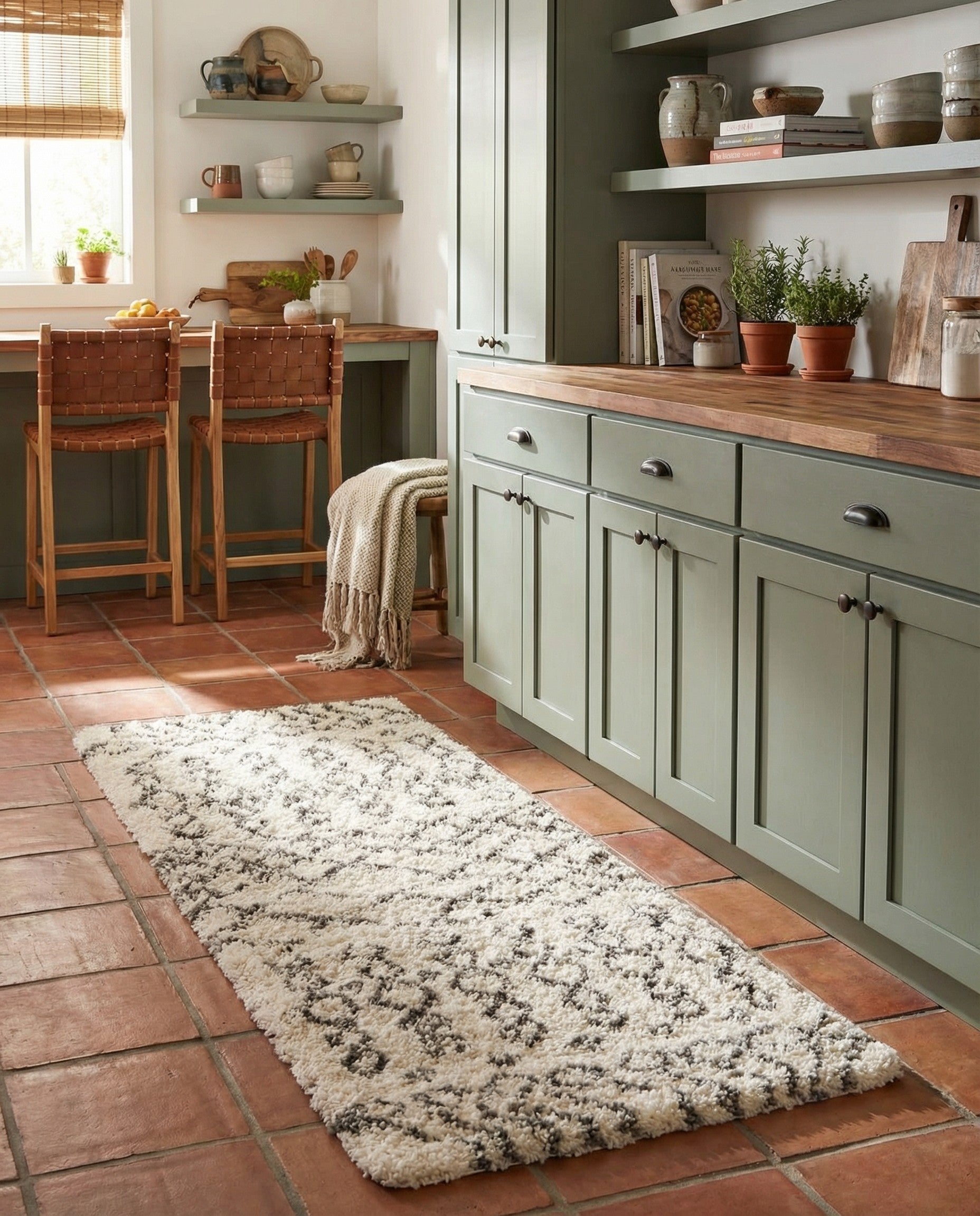 A 4 ft runner rug from the Rugs.com Moroccan Shag collection, featuring a creamy white shag pile with a modern tribal trellis pattern in dark gray, ideal for a hallway.