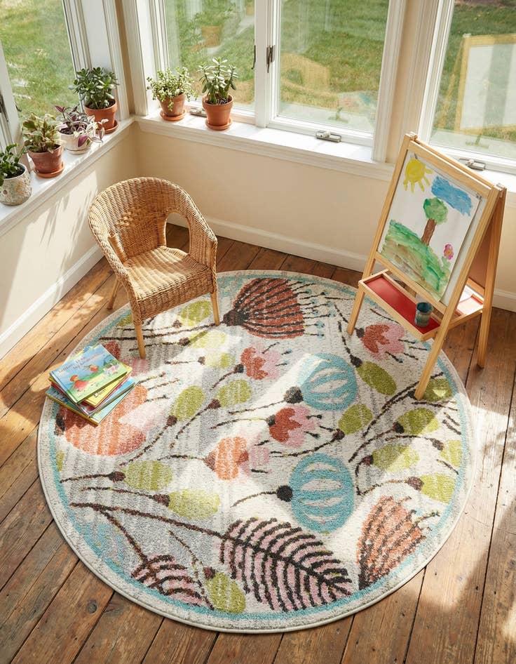 Detail image of 4' 1 x 4' 1 Flowers Whimsy Kids Round Rug