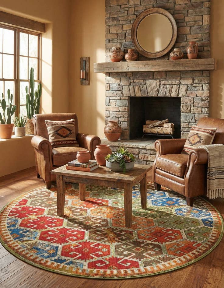 Detail image of 7' 10 x 7' 10 Easy-Clean Southwestern Indoor / Outdoor Round Rug