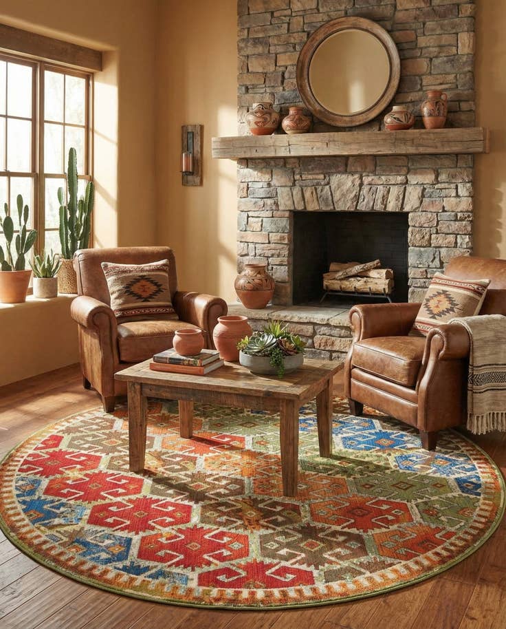Detail image of 7' 10 x 7' 10 Easy-Clean Southwestern Indoor / Outdoor Round Rug