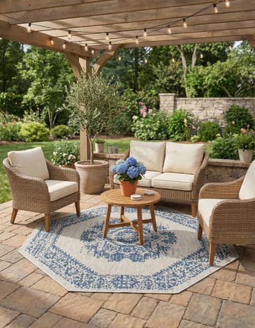 Blue Easy-Clean Traditional Indoor / Outdoor Octagon Rug