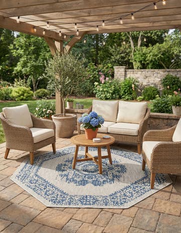 Blue Easy-Clean Traditional Indoor / Outdoor Octagon Rug