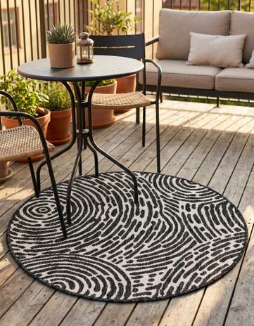 Black and White Easy-Clean Modern Indoor / Outdoor Round Rug