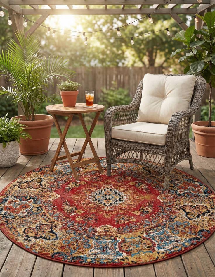 Detail image of 6' x 6' Easy-Clean Traditional Indoor / Outdoor Round Rug