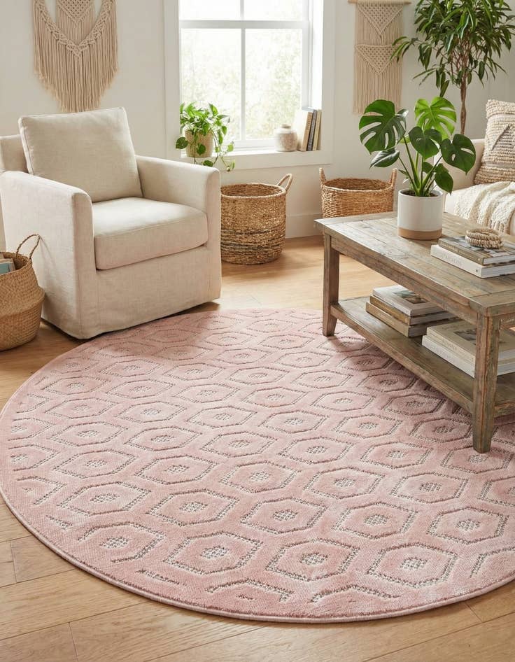 Detail image of 5' 3 x 5' 3  Washable Trellis Textured Indoor / Outdoor Round Rug