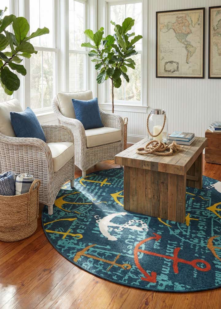 6' x 6' Easy-Clean Coastal Indoor / Outdoor Round Rug
