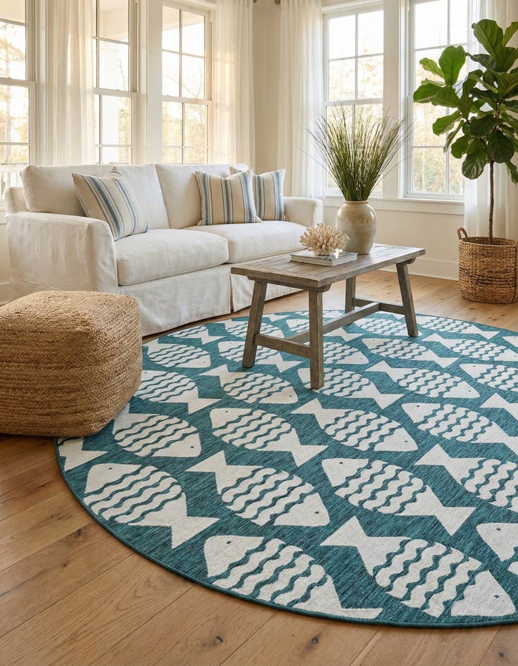 Detail image of 13' x 13'  Washable Coastal Indoor / Outdoor Round Rug