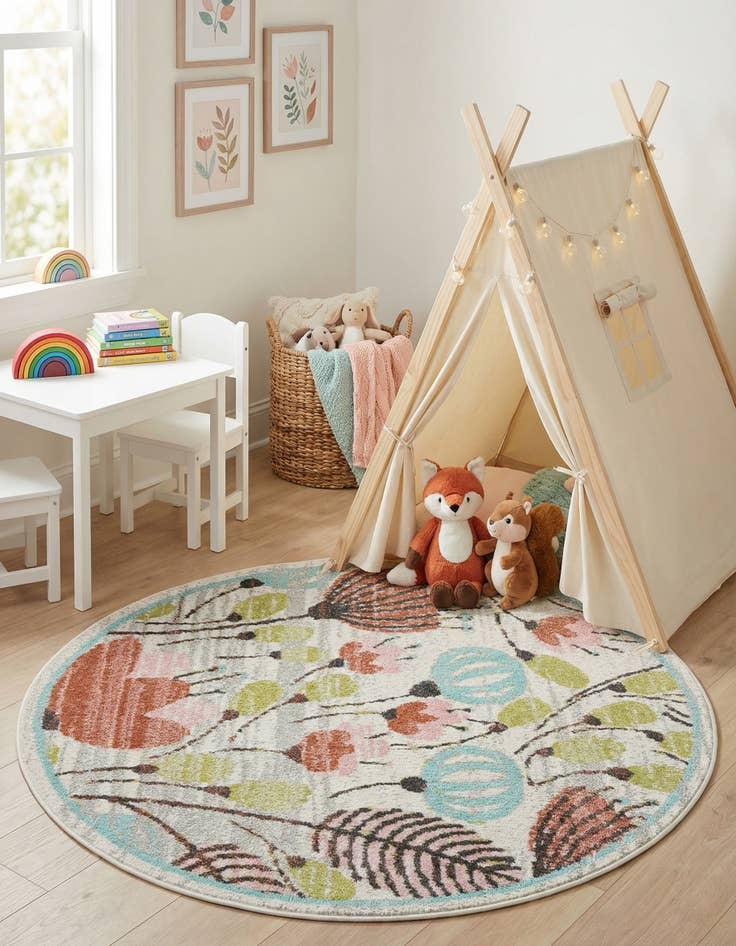 Detail image of 4' 1 x 4' 1 Flowers Whimsy Kids Round Rug