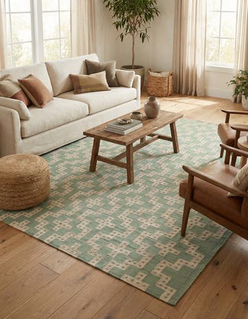 Teal and White Hand Woven Kilim Wool Rug