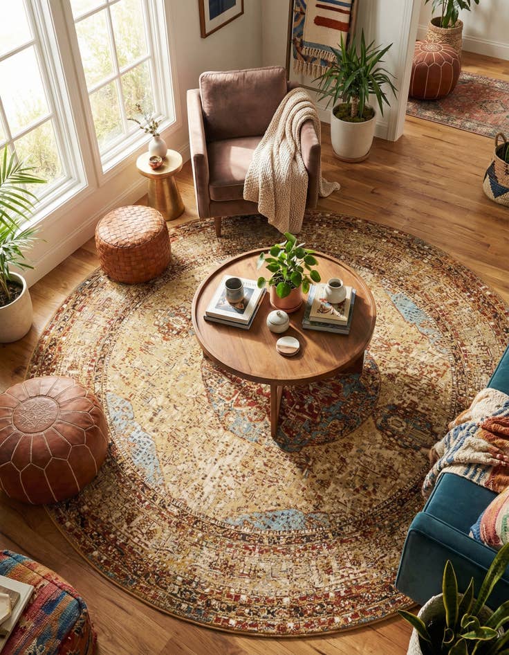 Detail image of 10' x 10'  Washable Traditional Indoor / Outdoor Round Rug