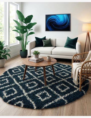 Navy Blue Lattice Shag Round Rug