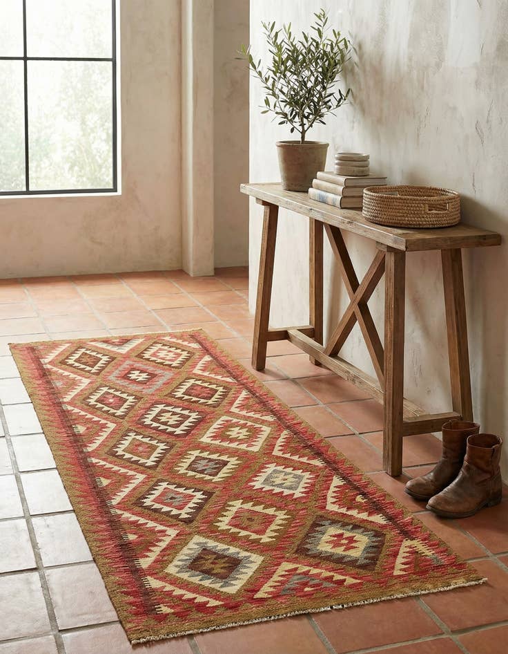 Detail image of 3' 2 x 6' 7  Hand Woven Kilim Maymana Wool Runner Rug