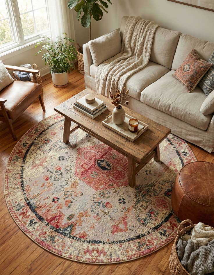 Detail image of 5' x 5'  Washable Traditional Indoor / Outdoor Round Rug