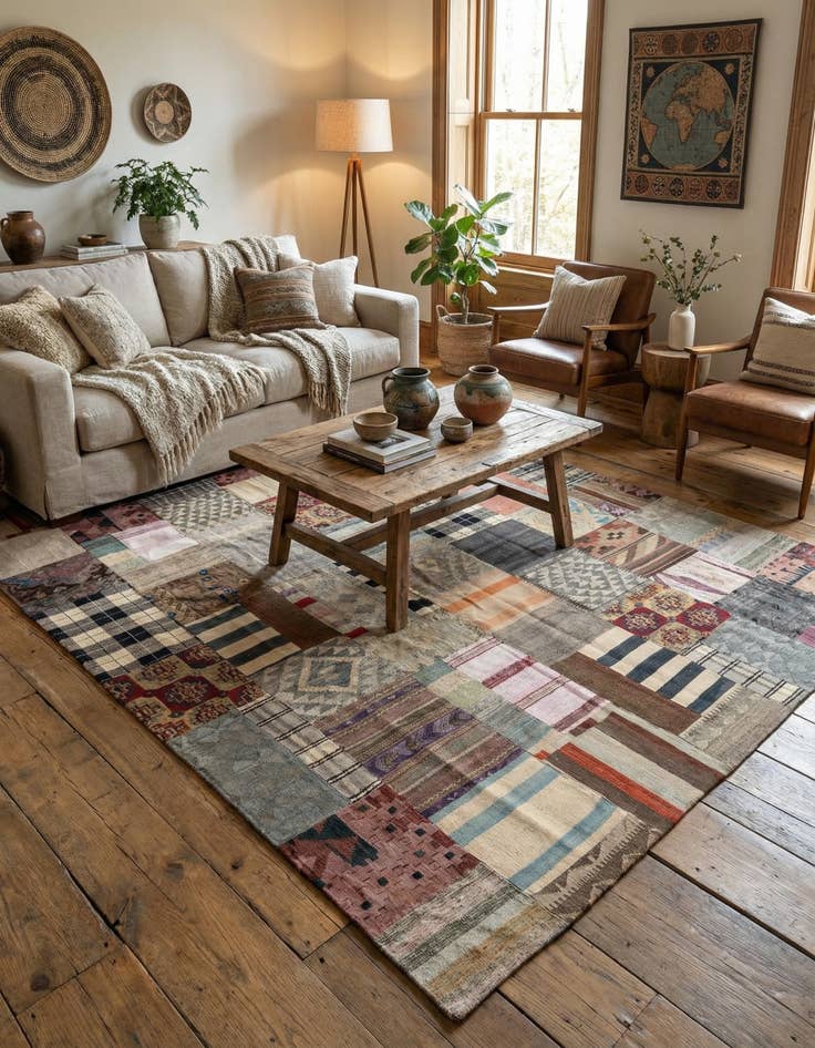 Detail image of  6' 5 x 10'  Hand Woven Kilim Patchwork Wool Rug