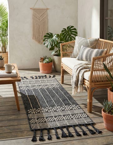 Charcoal Black Easy-Clean Eco Bohemian Indoor / Outdoor Runner Rug