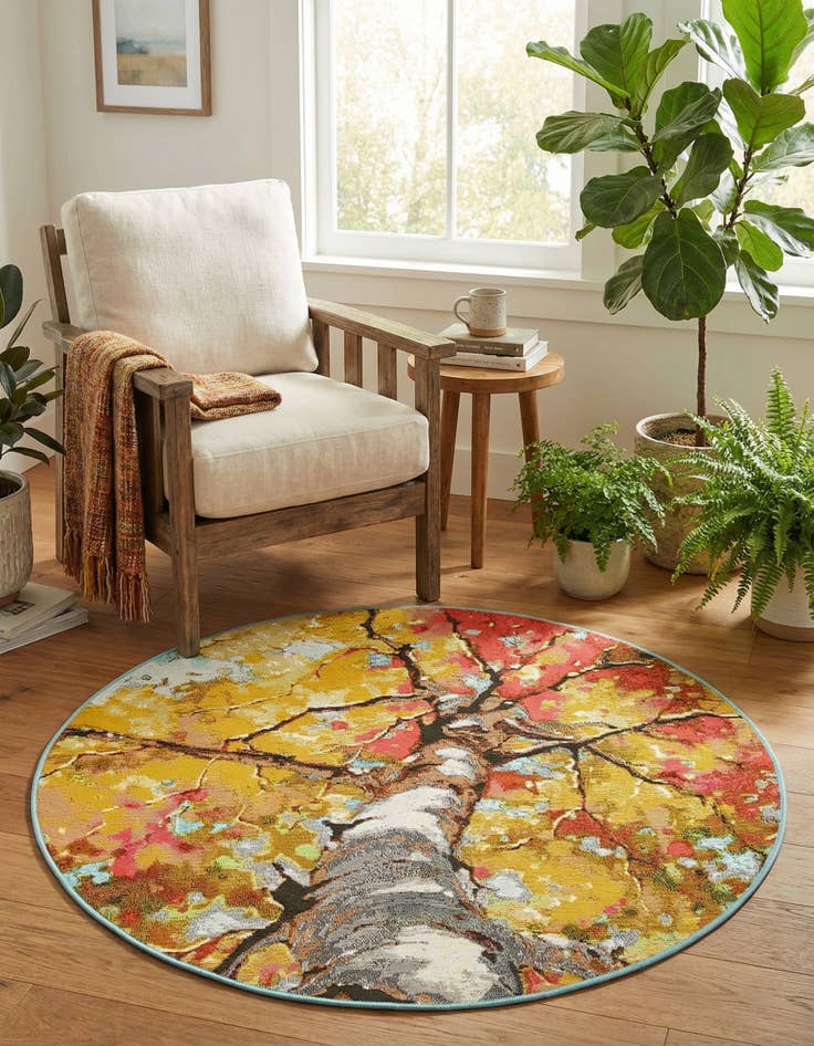 Detail image of  4' 1 x 4' 1  Washable Botanical Indoor / Outdoor Round Rug