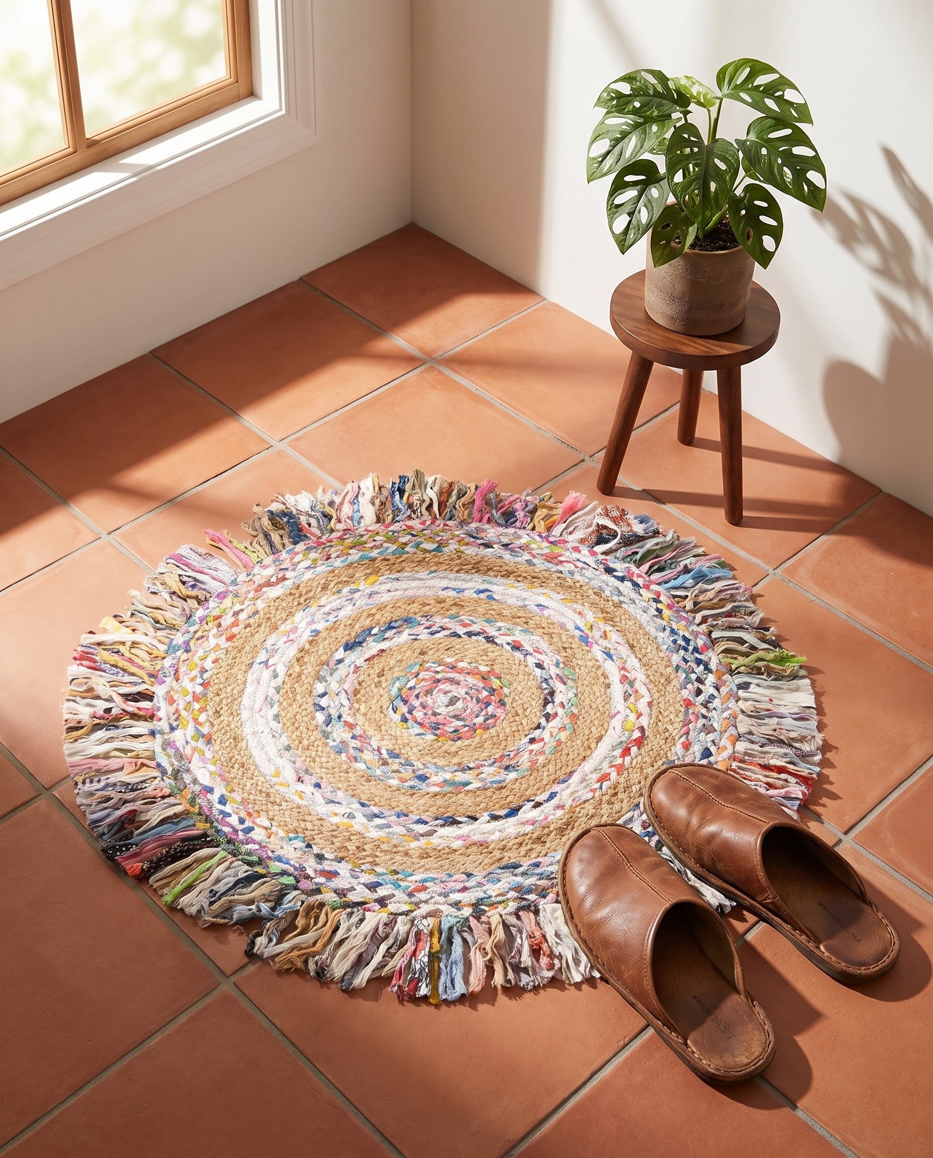 2' x 2' Hand Braided Chindi Jute Round Rug